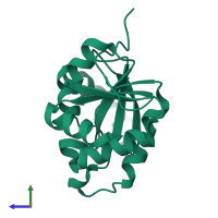 Monomeric assembly 2 of PDB entry 5s3d coloured by chemically distinct molecules, side view.