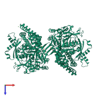 Homo dimeric assembly 1 of PDB entry 5sdf coloured by chemically distinct molecules, top view.