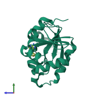 Monomeric assembly 1 of PDB entry 5soy coloured by chemically distinct molecules, side view.