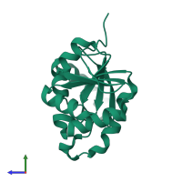 Monomeric assembly 2 of PDB entry 5sp1 coloured by chemically distinct molecules, side view.