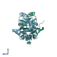PDB entry 5sp2 coloured by chain, side view.