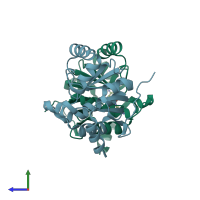 PDB entry 5sp8 coloured by chain, side view.