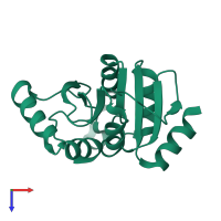 Monomeric assembly 2 of PDB entry 5spb coloured by chemically distinct molecules, top view.