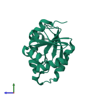 Monomeric assembly 1 of PDB entry 5spo coloured by chemically distinct molecules, side view.