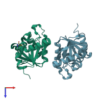 PDB entry 5spv coloured by chain, top view.