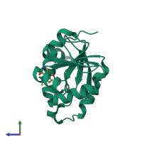 Monomeric assembly 1 of PDB entry 5spz coloured by chemically distinct molecules, side view.