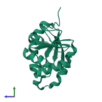 Monomeric assembly 2 of PDB entry 5sse coloured by chemically distinct molecules, side view.