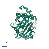 Monomeric assembly 1 of PDB entry 5suw coloured by chemically distinct molecules, side view.