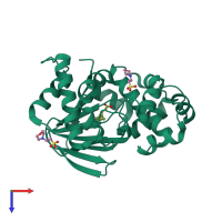 Monomeric assembly 1 of PDB entry 5suw coloured by chemically distinct molecules, top view.