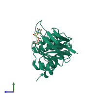Monomeric assembly 1 of PDB entry 5tf8 coloured by chemically distinct molecules, side view.