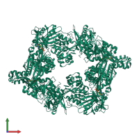 Homo hexameric assembly 1 of PDB entry 5tsg coloured by chemically distinct molecules, front view.