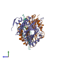 Hetero trimeric assembly 1 of PDB entry 5tvm coloured by chemically distinct molecules, side view.