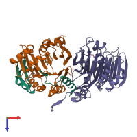 Hetero trimeric assembly 1 of PDB entry 5tvm coloured by chemically distinct molecules, top view.