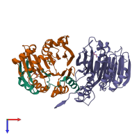 Hetero trimeric assembly 2 of PDB entry 5tvm coloured by chemically distinct molecules, top view.