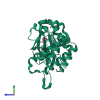 PDB entry 5ut3 coloured by chain, side view.