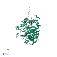 Monomeric assembly 2 of PDB entry 5vcm coloured by chemically distinct molecules, side view.