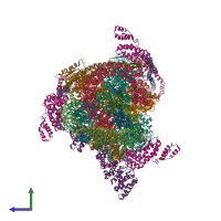 Hetero 33-meric assembly 1 of PDB entry 5voz coloured by chemically distinct molecules, side view.