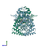 PDB entry 5vuv coloured by chain, side view.