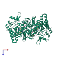 Homo dimeric assembly 1 of PDB entry 5vv9 coloured by chemically distinct molecules, top view.