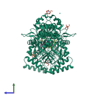 Homo dimeric assembly 2 of PDB entry 5vvc coloured by chemically distinct molecules, side view.