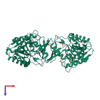 Homo dimeric assembly 1 of PDB entry 5wbr coloured by chemically distinct molecules, top view.