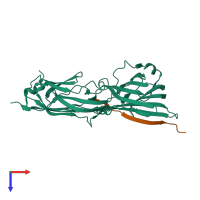 Hetero dimeric assembly 1 of PDB entry 5wtb coloured by chemically distinct molecules, top view.
