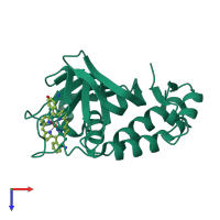 Monomeric assembly 2 of PDB entry 5xib coloured by chemically distinct molecules, top view.