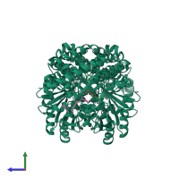 Homo dimeric assembly 1 of PDB entry 5xmq coloured by chemically distinct molecules, side view.