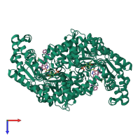 Homo dimeric assembly 2 of PDB entry 5xmq coloured by chemically distinct molecules, top view.