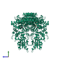 Homo dimeric assembly 1 of PDB entry 5xqa coloured by chemically distinct molecules, side view.