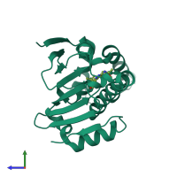 Monomeric assembly 1 of PDB entry 5xrd coloured by chemically distinct molecules, side view.