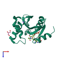 Monomeric assembly 1 of PDB entry 5xxs coloured by chemically distinct molecules, top view.