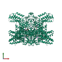 Homo hexameric assembly 1 of PDB entry 5yfu coloured by chemically distinct molecules, front view.