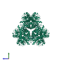 Homo hexameric assembly 1 of PDB entry 5yfu coloured by chemically distinct molecules, side view.