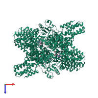 Homo hexameric assembly 1 of PDB entry 5yfu coloured by chemically distinct molecules, top view.
