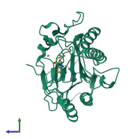 Monomeric assembly 1 of PDB entry 5ykp coloured by chemically distinct molecules, side view.