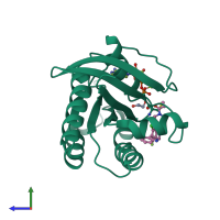 Monomeric assembly 1 of PDB entry 5yxz coloured by chemically distinct molecules, side view.