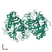 Homo dimeric assembly 1 of PDB entry 5yy7 coloured by chemically distinct molecules, front view.