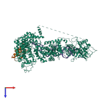 Hetero trimeric assembly 1 of PDB entry 5zam coloured by chemically distinct molecules, top view.