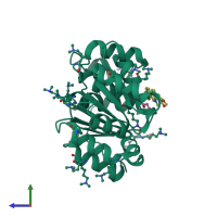 Monomeric assembly 1 of PDB entry 5zbz coloured by chemically distinct molecules, side view.