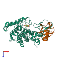 Hetero dimeric assembly 1 of PDB entry 5zq4 coloured by chemically distinct molecules, top view.