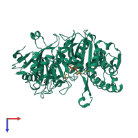 Monomeric assembly 1 of PDB entry 6at2 coloured by chemically distinct molecules, top view.