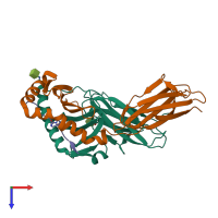 Hetero trimeric assembly 1 of PDB entry 6ati coloured by chemically distinct molecules, top view.