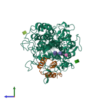 PDB entry 6azp coloured by chain, side view.