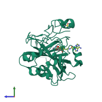 Monomeric assembly 1 of PDB entry 6b59 coloured by chemically distinct molecules, side view.