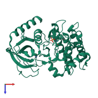 Monomeric assembly 1 of PDB entry 6bdl coloured by chemically distinct molecules, top view.