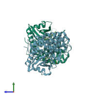 PDB entry 6bfn coloured by chain, side view.