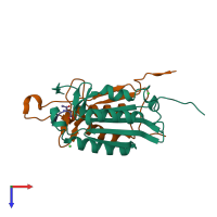 Hetero trimeric assembly 1 of PDB entry 6bgk coloured by chemically distinct molecules, top view.