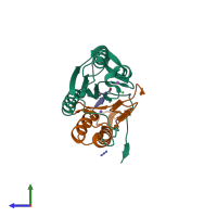 Hetero trimeric assembly 2 of PDB entry 6bgk coloured by chemically distinct molecules, side view.