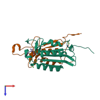 Hetero trimeric assembly 2 of PDB entry 6bgk coloured by chemically distinct molecules, top view.